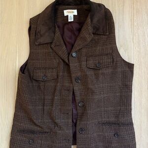 Talbots Brown Herringbone Vest with Suede Trim